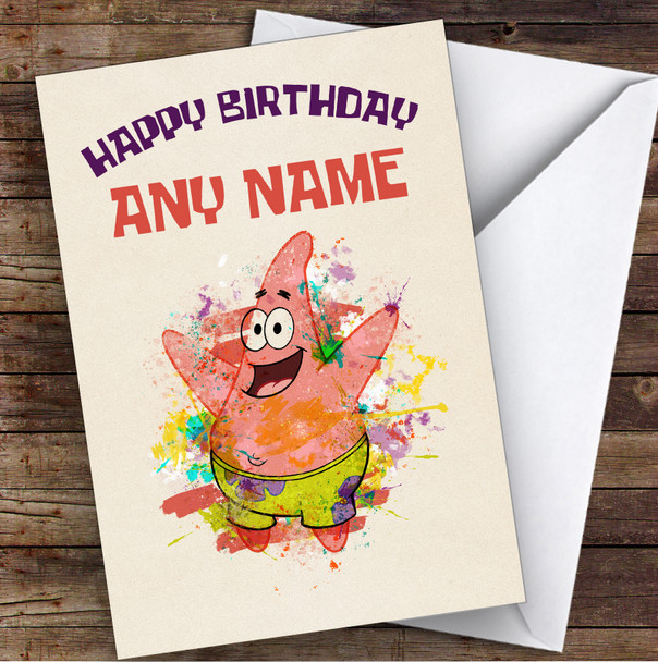 Patrick Star Watercolor Splatter Spongebob Children's Kids Birthday Card