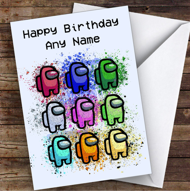 Among Us Group Splatter Grey Children's Kids Personalized Birthday Card
