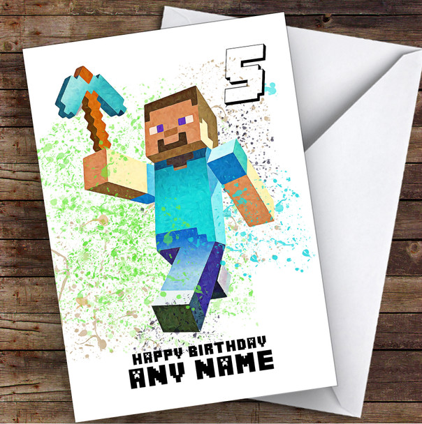 Minecraft Steve Splatter Art Children's Kids Personalized Birthday Card