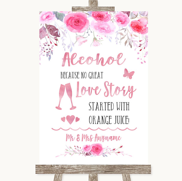 Pink Watercolour Floral Alcohol Bar Love Story Personalized Wedding Sign