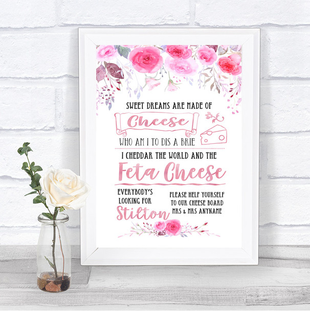 Pink Watercolour Floral Cheeseboard Cheese Song Personalized Wedding Sign