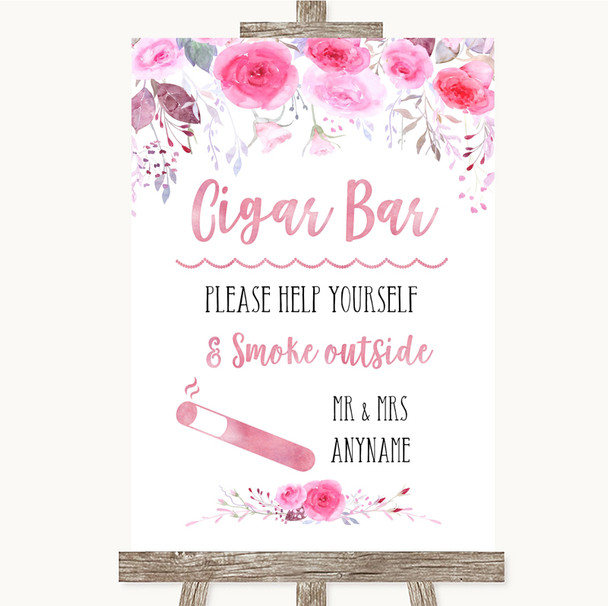 Pink Watercolour Floral Cigar Bar Personalized Wedding Sign