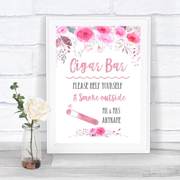 Pink Watercolour Floral Cigar Bar Personalized Wedding Sign