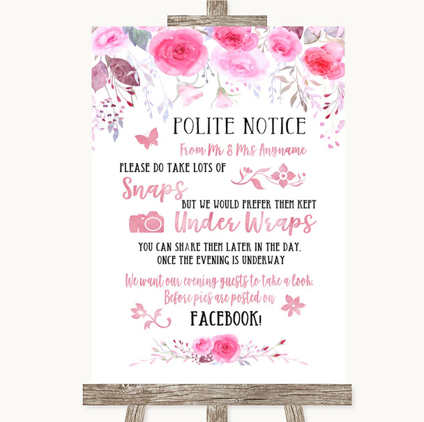 Pink Watercolour Floral Don't Post Photos Facebook Personalized Wedding Sign