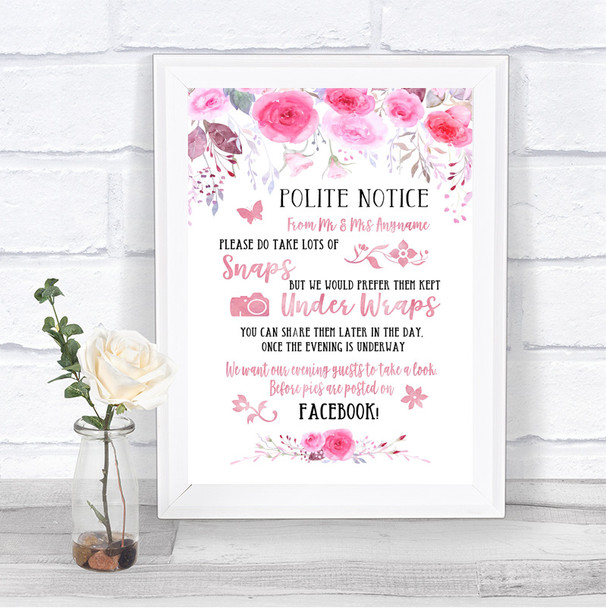 Pink Watercolour Floral Don't Post Photos Facebook Personalized Wedding Sign