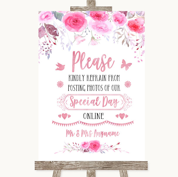 Pink Watercolour Floral Don't Post Photos Online Social Media Wedding Sign