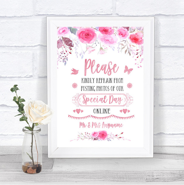 Pink Watercolour Floral Don't Post Photos Online Social Media Wedding Sign