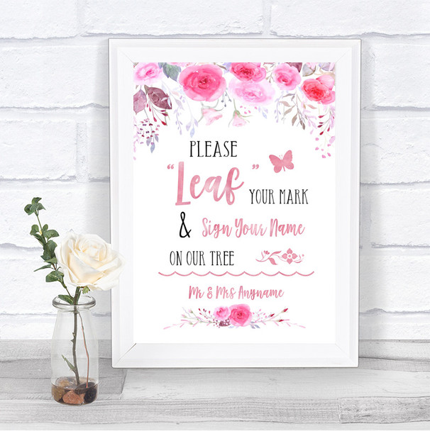 Pink Watercolour Floral Fingerprint Tree Instructions Personalized Wedding Sign