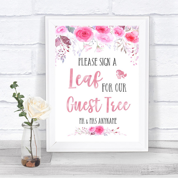 Pink Watercolour Floral Guest Tree Leaf Personalized Wedding Sign