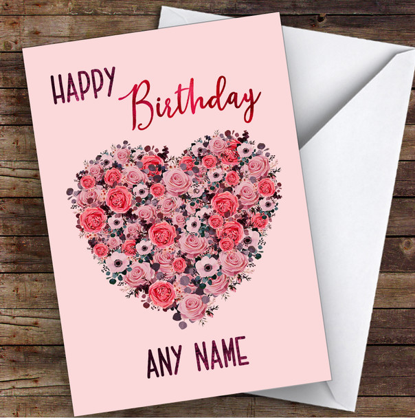 Flowers Heart On Pink Background Romantic Personalized Birthday Card