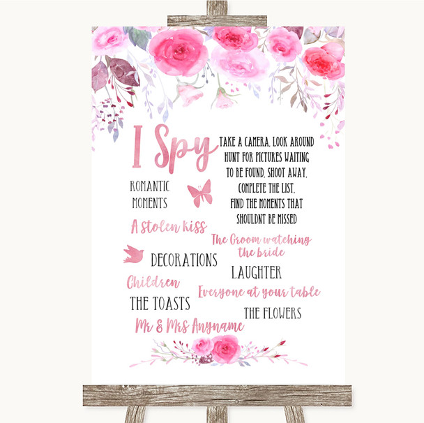 Pink Rustic Wood Effect I Spy Disposable Camera Photos Personalised Wedding Sign 