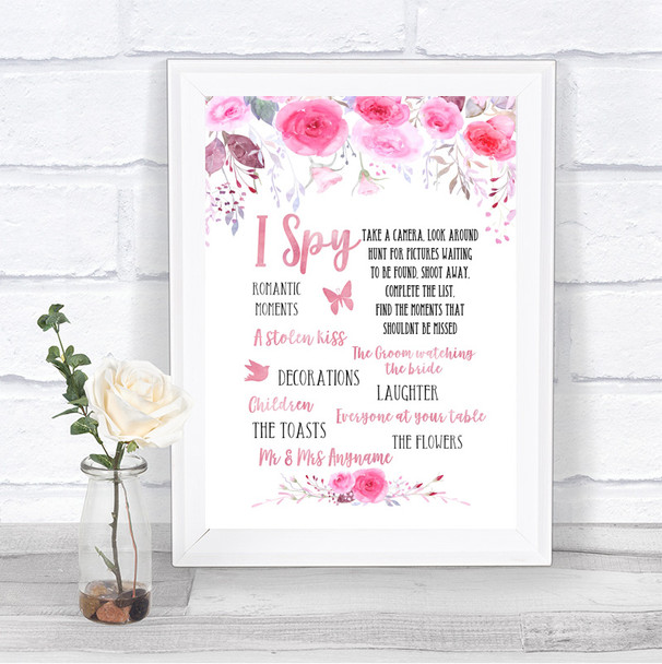 Pink Watercolour Floral I Spy Disposable Camera Personalized Wedding Sign