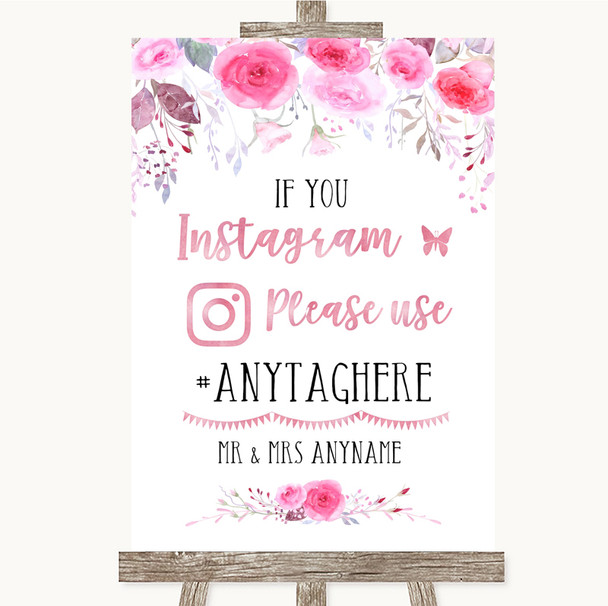 Pink Watercolour Floral Instagram Hashtag Personalized Wedding Sign