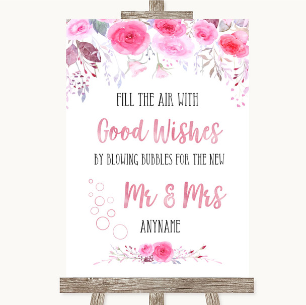 Pink Watercolour Floral Blow Bubbles Personalized Wedding Sign