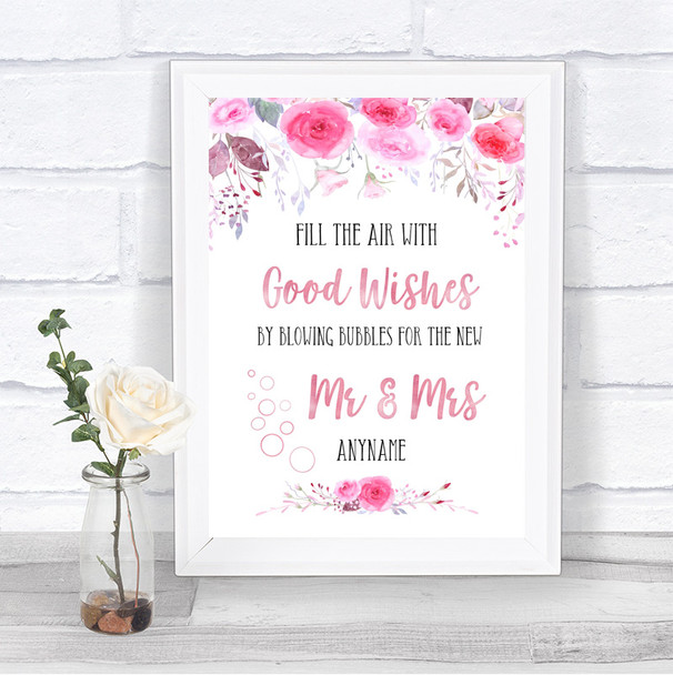 Pink Watercolour Floral Blow Bubbles Personalized Wedding Sign