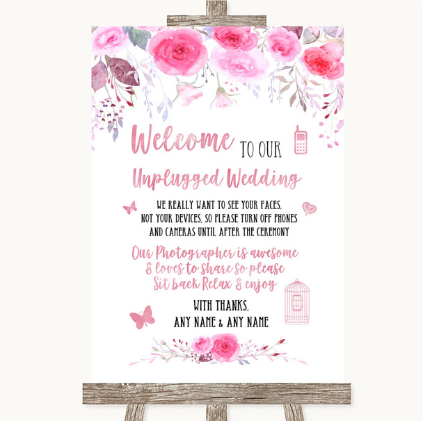 Pink Watercolour Floral No Phone Camera Unplugged Personalized Wedding Sign