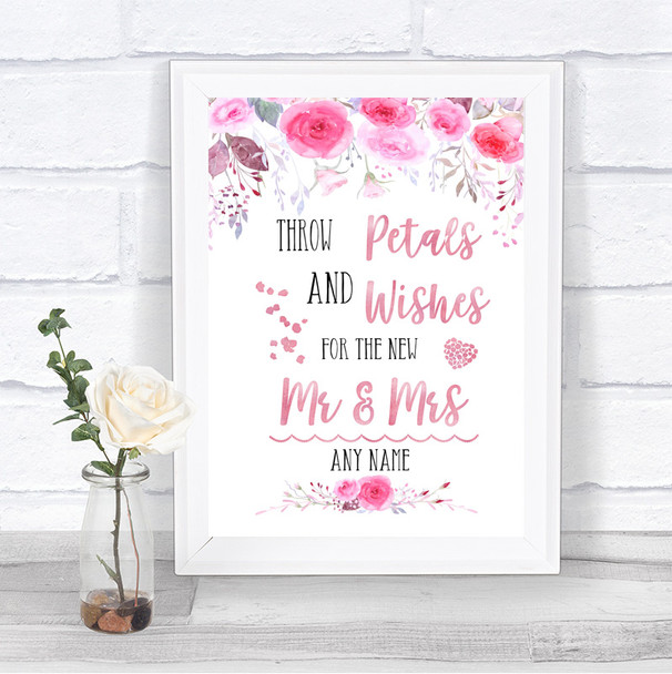 Pink Watercolour Floral Petals Wishes Confetti Personalized Wedding Sign