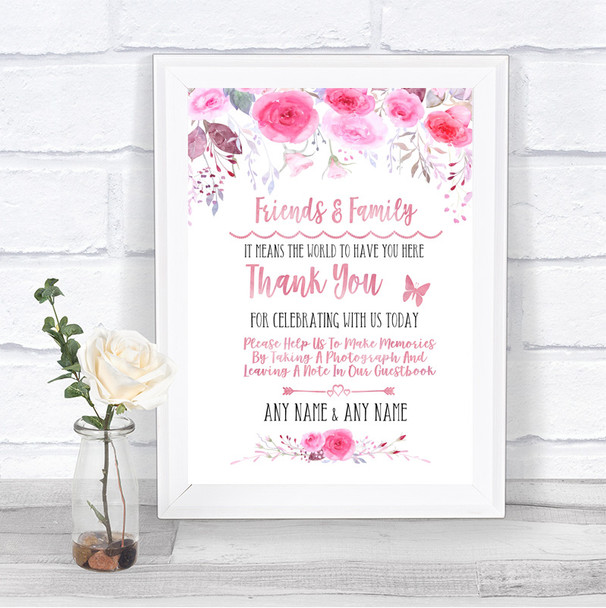 Pink Watercolour Floral Photo Guestbook Friends & Family Wedding Sign