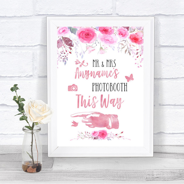 Pink Watercolour Floral Photobooth This Way Left Personalized Wedding Sign