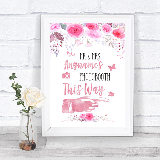 Pink Watercolour Floral Photobooth This Way Right Personalized Wedding Sign