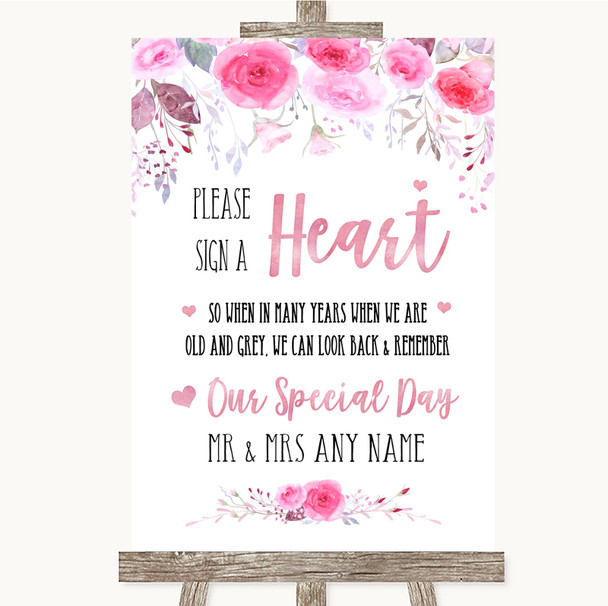 Pink Watercolour Floral Sign a Heart Personalized Wedding Sign