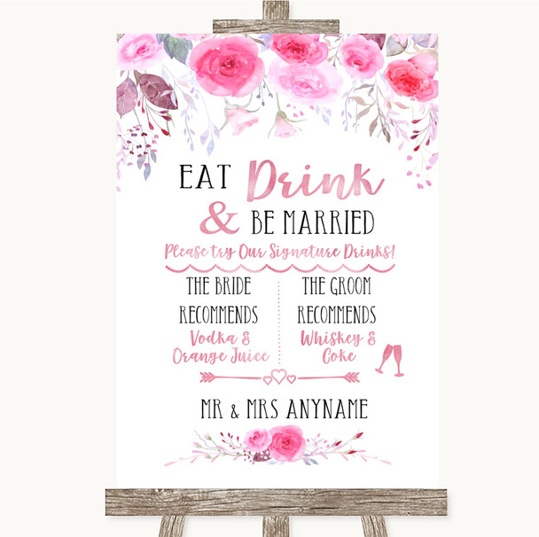 Pink Watercolour Floral Signature Favourite Drinks Personalized Wedding Sign