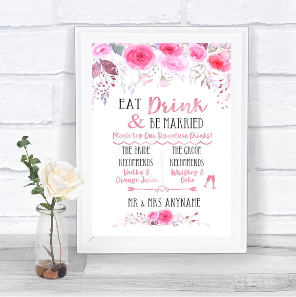 Pink Watercolour Floral Signature Favourite Drinks Personalized Wedding Sign