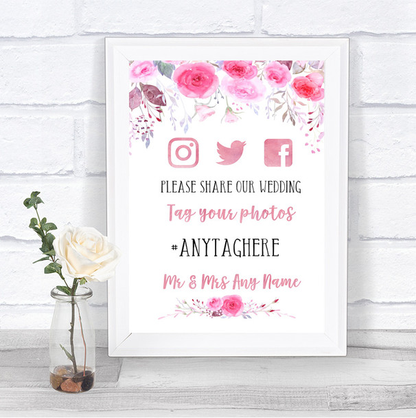 Pink Watercolour Floral Social Media Hashtag Photos Personalized Wedding Sign
