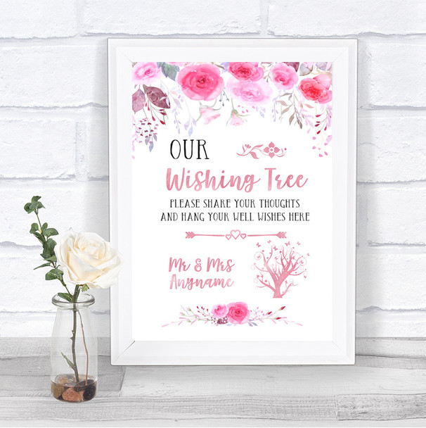 Pink Watercolour Floral Wishing Tree Personalized Wedding Sign