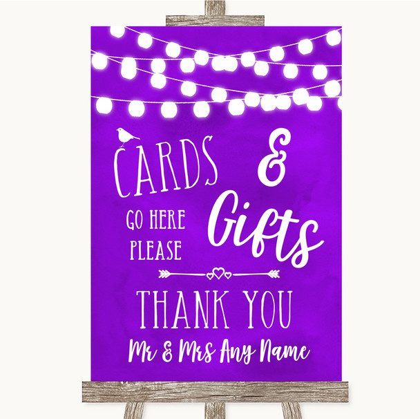 Purple Watercolour Lights Cards & Gifts Table Personalized Wedding Sign