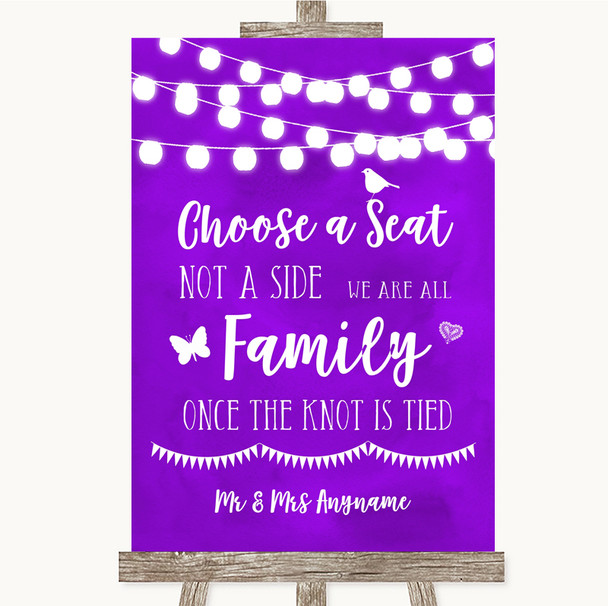 Purple Watercolour Lights Choose A Seat We Are All Family Wedding Sign