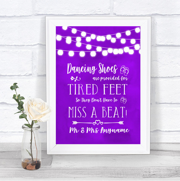 Purple Watercolour Lights Dancing Shoes Flip-Flop Tired Feet Wedding Sign