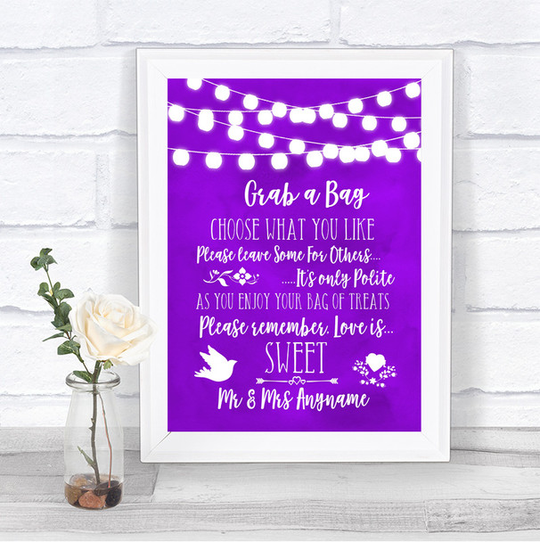 Purple Watercolour Lights Grab A Bag Candy Buffet Cart Sweets Wedding Sign