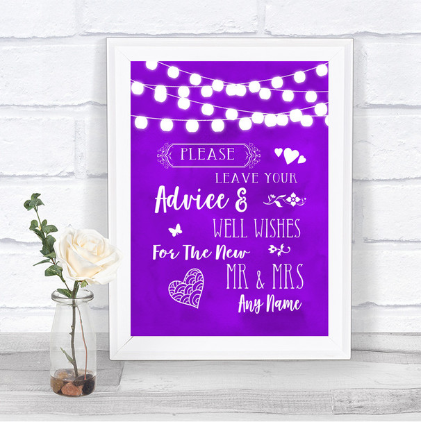 Purple Watercolour Lights Guestbook Advice & Wishes Mr & Mrs Wedding Sign