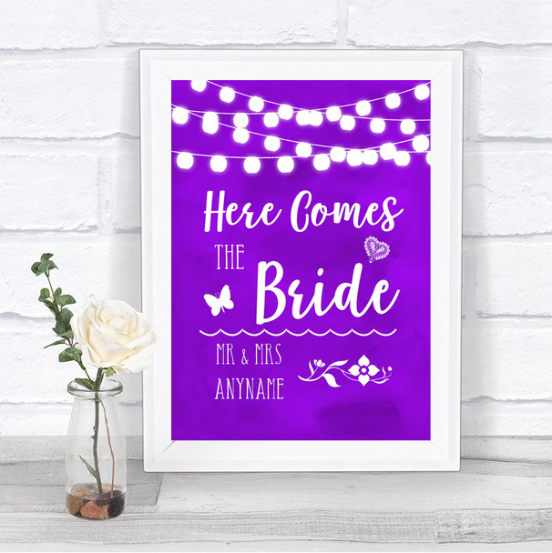 Purple Watercolour Lights Here Comes Bride Aisle Personalized Wedding Sign