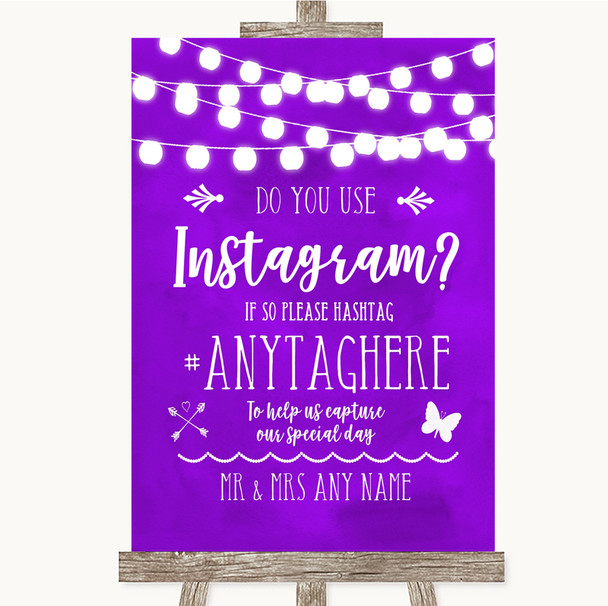 Purple Watercolour Lights Instagram Photo Sharing Personalized Wedding Sign