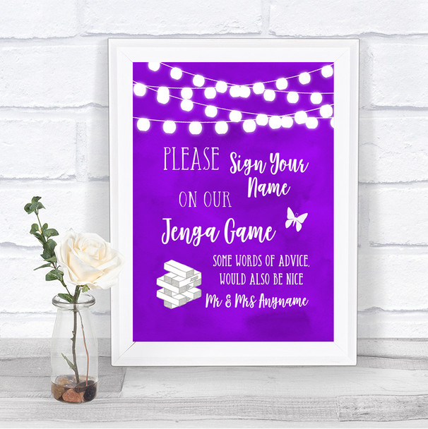 Purple Watercolour Lights Jenga Guest Book Personalized Wedding Sign