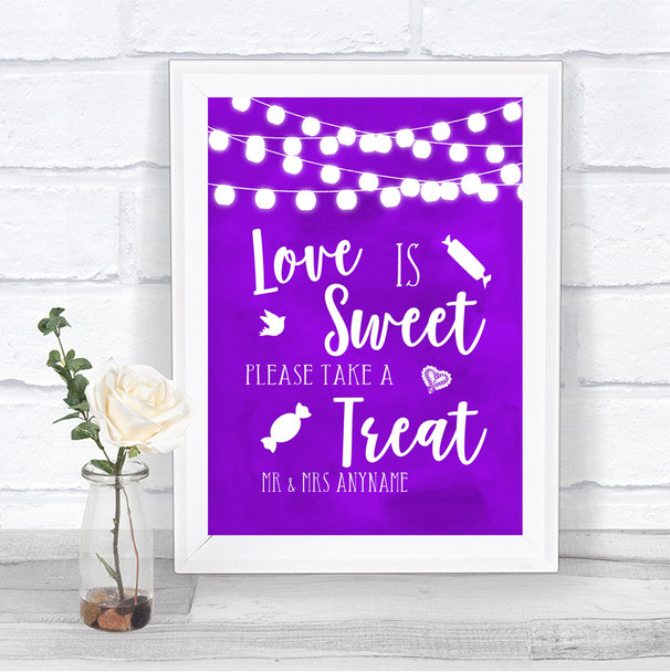 Purple Watercolour Lights Love Is Sweet Take A Treat Candy Buffet Wedding Sign
