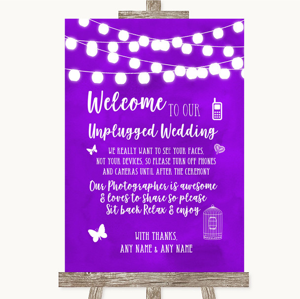Purple Watercolour Lights No Phone Camera Unplugged Personalized Wedding Sign