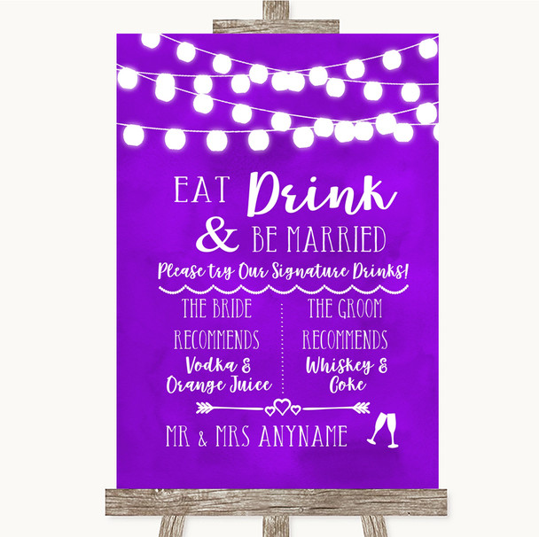 Purple Watercolour Lights Signature Favourite Drinks Personalized Wedding Sign