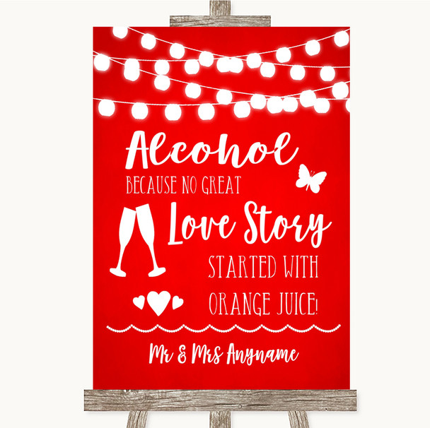 Red Watercolour Lights Alcohol Bar Love Story Personalized Wedding Sign