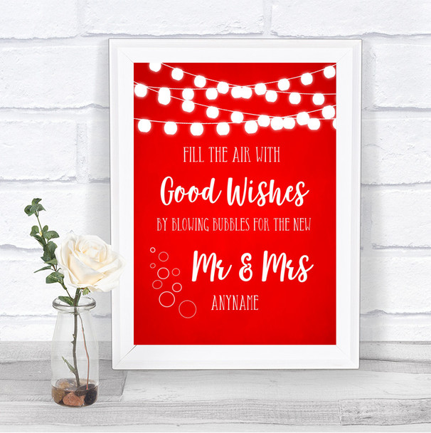 Red Watercolour Lights Blow Bubbles Personalized Wedding Sign