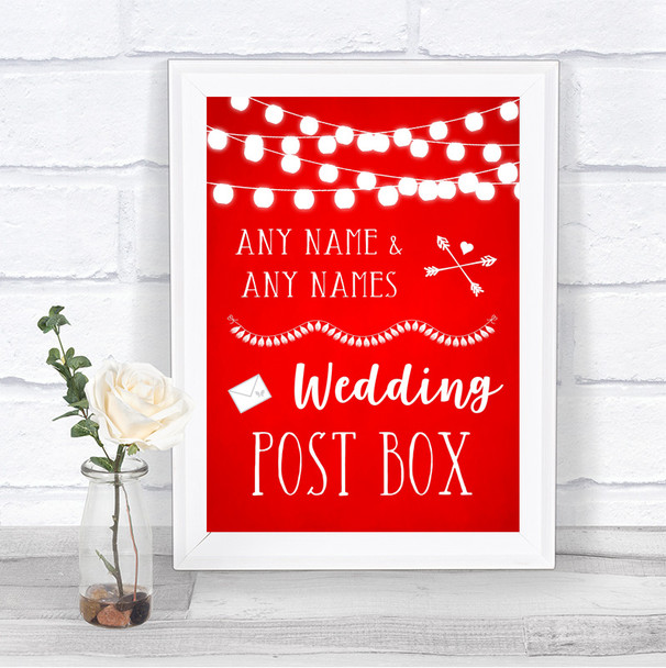 Red Watercolour Lights Card Post Box Personalized Wedding Sign