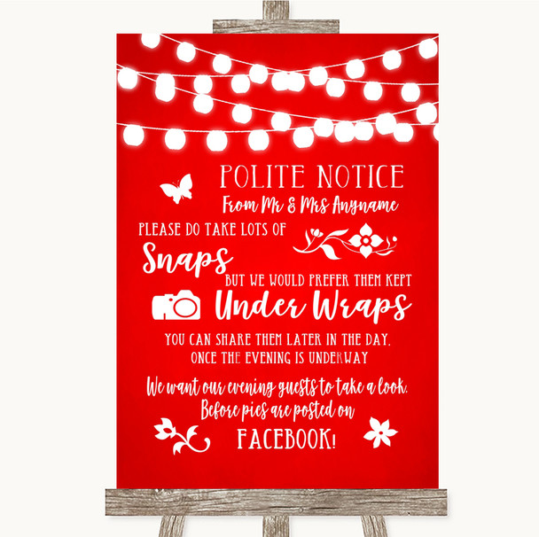 Red Watercolour Lights Don't Post Photos Facebook Personalized Wedding Sign