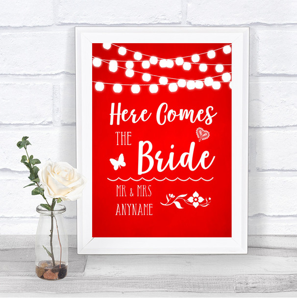 Red Watercolour Lights Here Comes Bride Aisle Personalized Wedding Sign