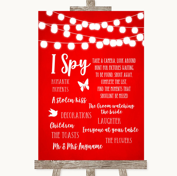 Red Watercolour Lights I Spy Disposable Camera Personalized Wedding Sign