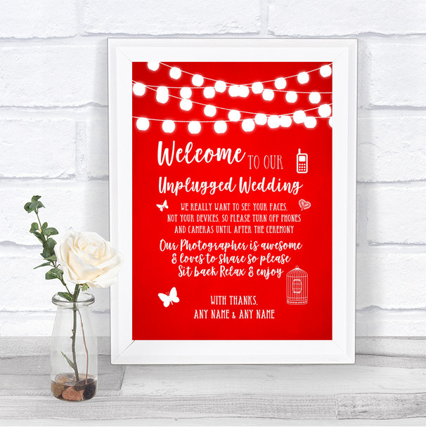 Red Watercolour Lights No Phone Camera Unplugged Personalized Wedding Sign