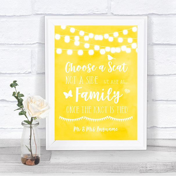 Yellow Watercolour Lights Choose A Seat We Are All Family Wedding Sign