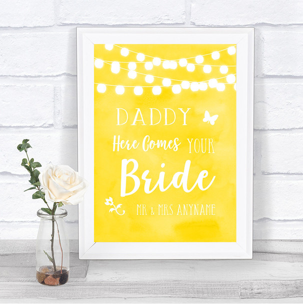 Yellow Watercolour Lights Daddy Here Comes Your Bride Personalized Wedding Sign