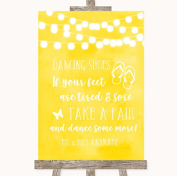 Yellow Watercolour Lights Dancing Shoes Flip Flops Personalized Wedding Sign